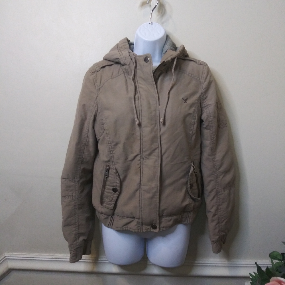 American Eagle 2012 Women's Hooded Khaki Water Resistant Bomber Style Jacket - Picture 16 of 16